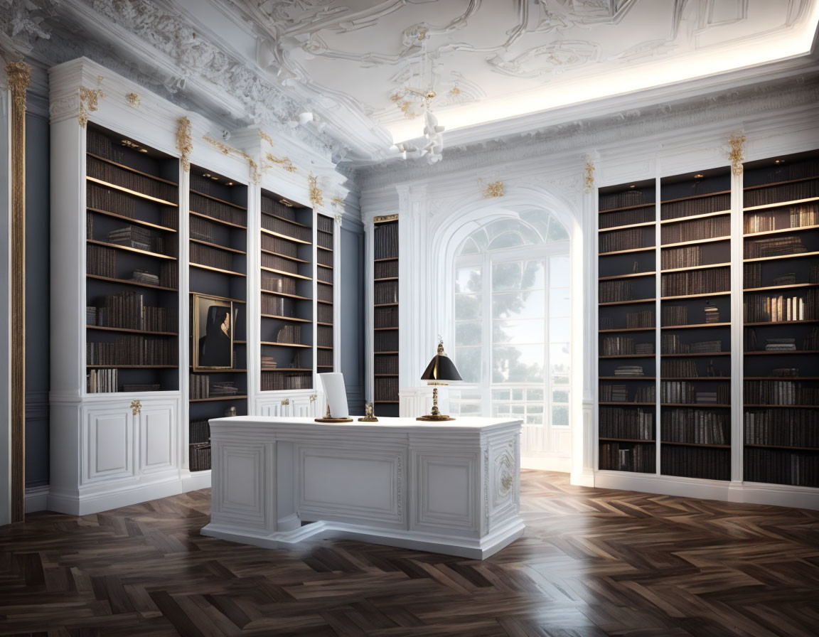 Sophisticated library room with dark wood bookshelves, white desk, green lamp, hardwood floor