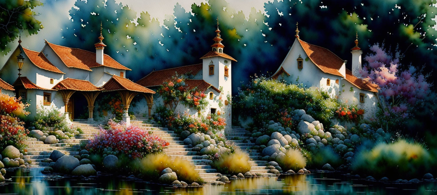 Tranquil riverside landscape with white houses, red roofs, and birds in lush greenery