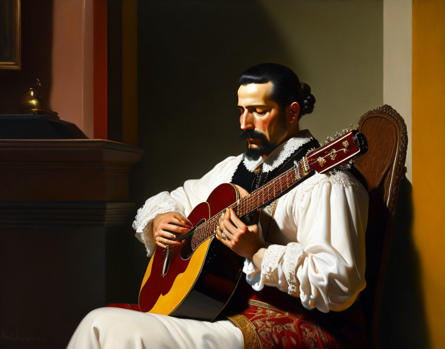 Traditional attire man playing classical guitar near window with sunlight