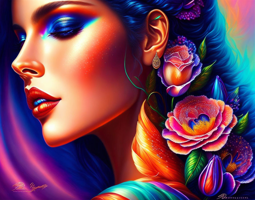 Colorful digital artwork: Woman with rainbow makeup and hair, adorned with flowers and feathers