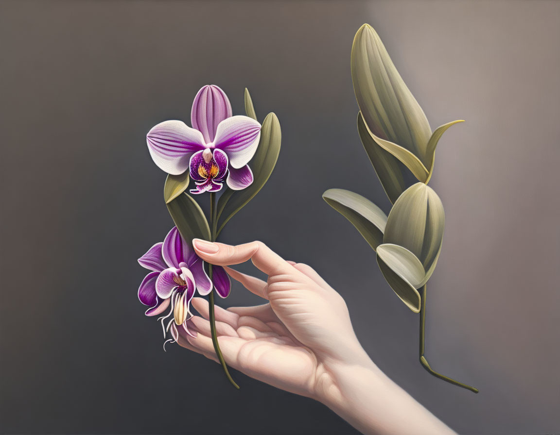 Purple and white orchids held by delicate hand on dark background