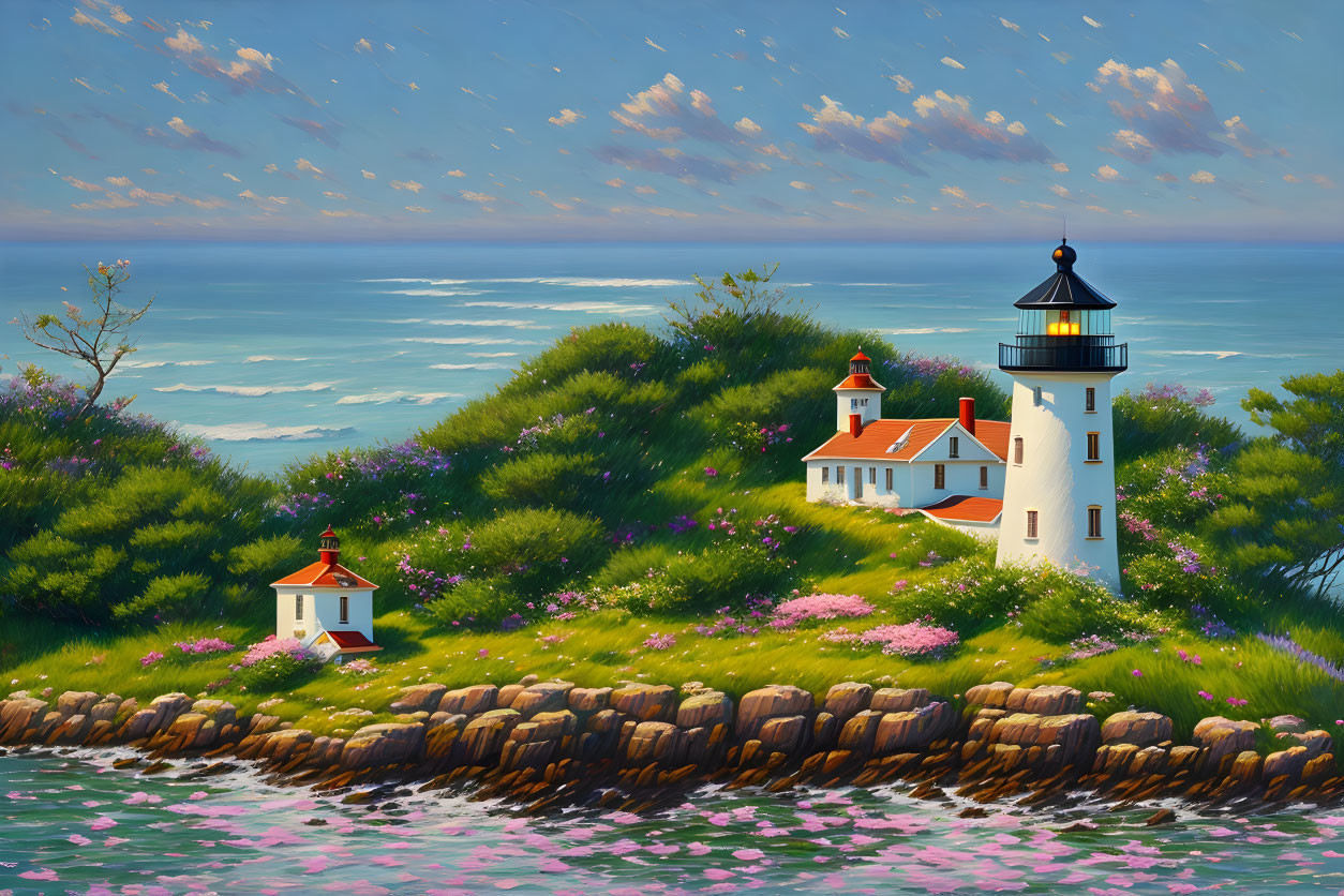 Scenic lighthouse by the sea with greenery and wildflowers