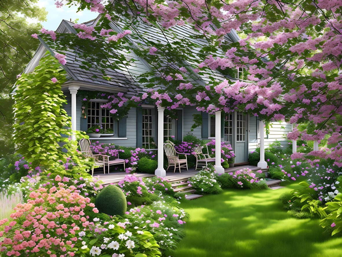 Charming House with Lush Garden and Pink Blooming Trees