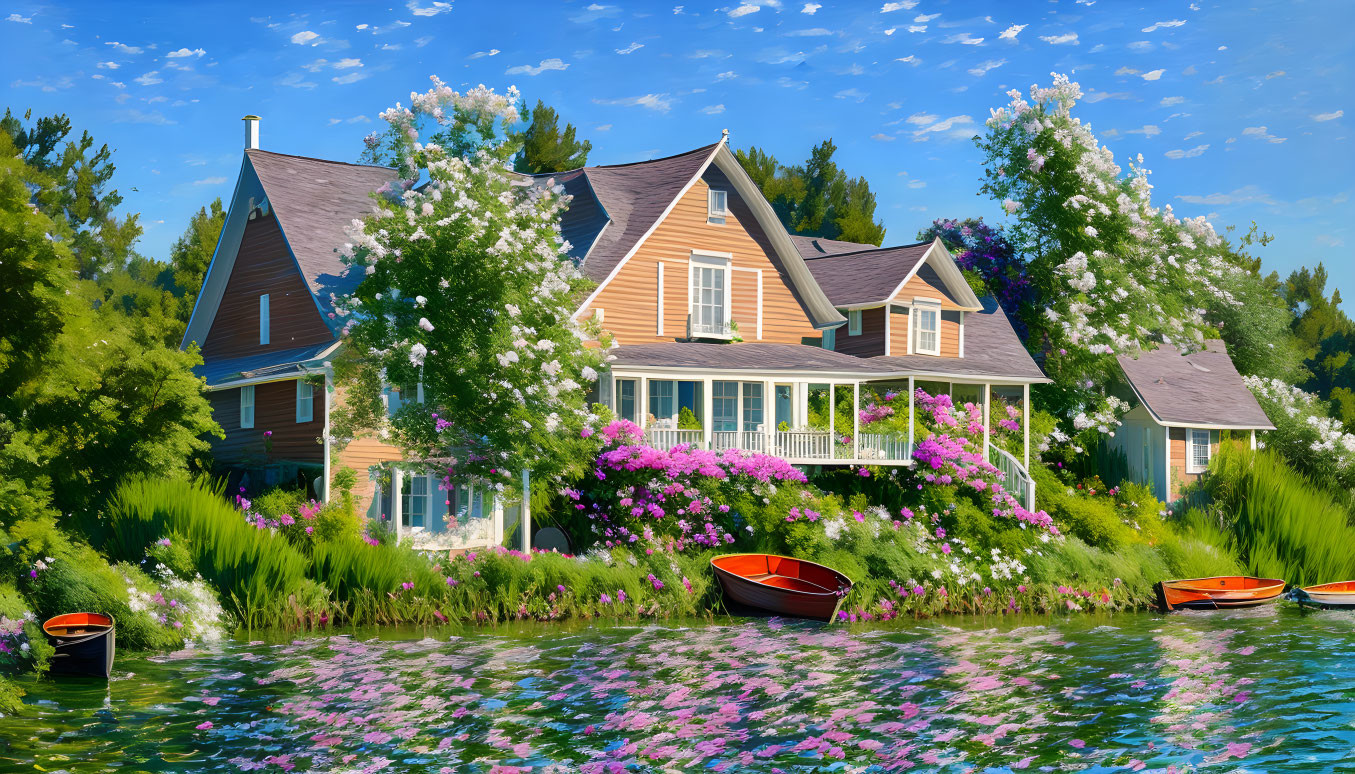 Beautiful two-story house with balcony, lush greenery, flowers, and river view