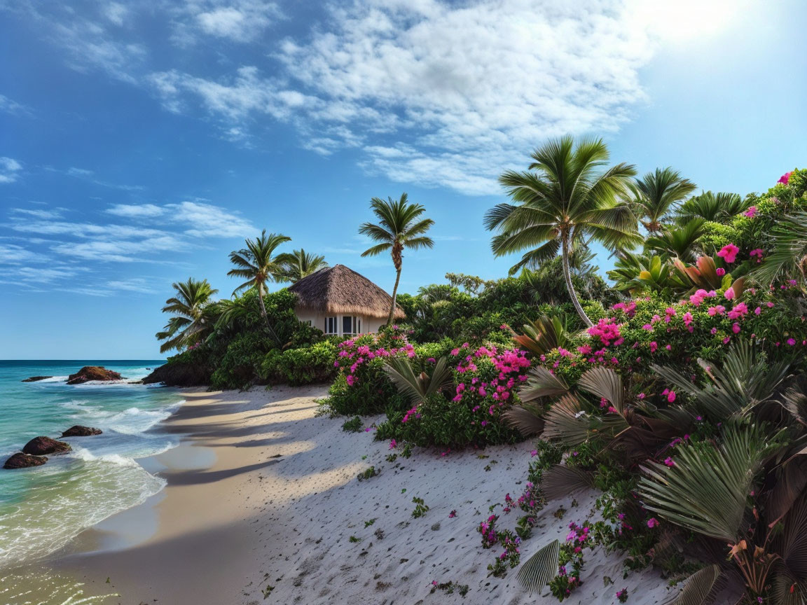 Tropical beach scene with thatched hut, palm trees, flowers, rocks, and blue sky