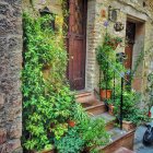 Colorful Flower Adorned Entrance with Wooden Door & Stone Steps