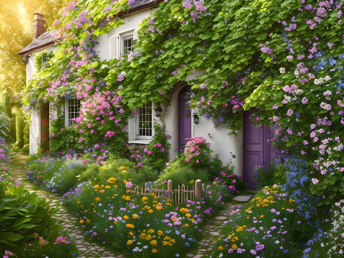 White house with purple door and vines in flower garden.