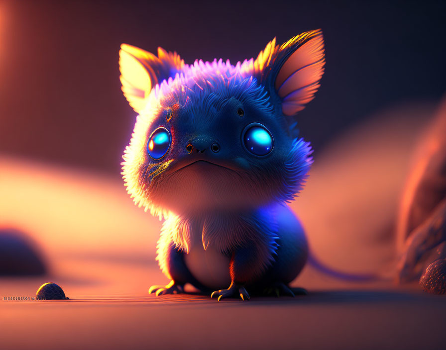 Fluffy creature with glowing blue eyes and spiky fur in warm sunset light.