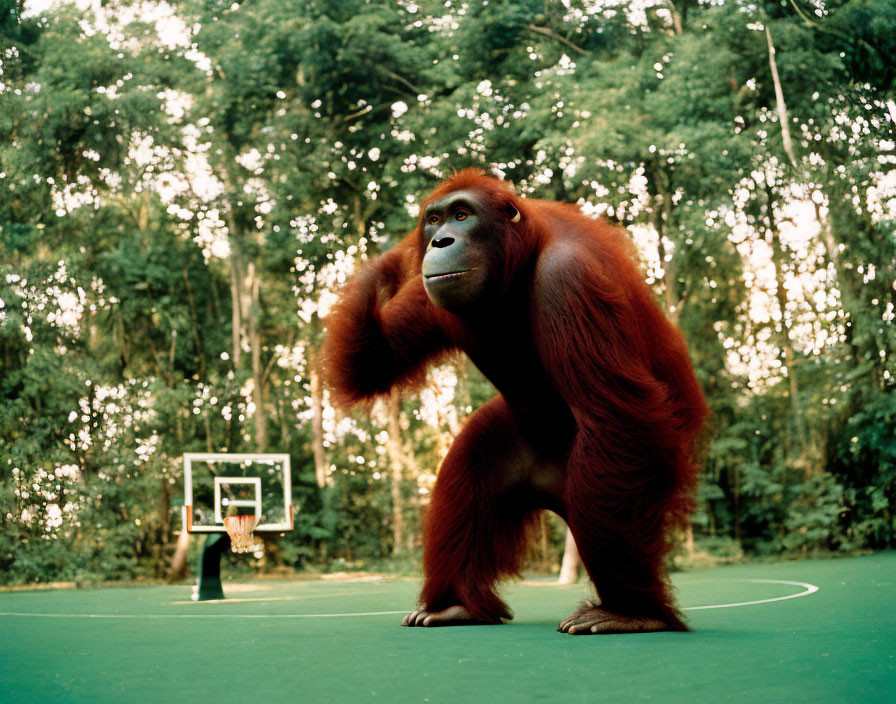 Orangutan on basketball court with hoop and greenery