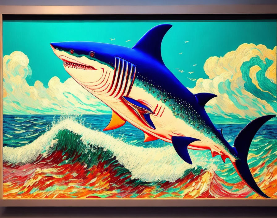 Digital artwork: Shark leaping from ocean waves with dramatic clouds