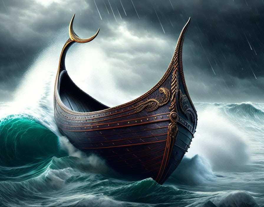 Viking longship sailing in stormy seas