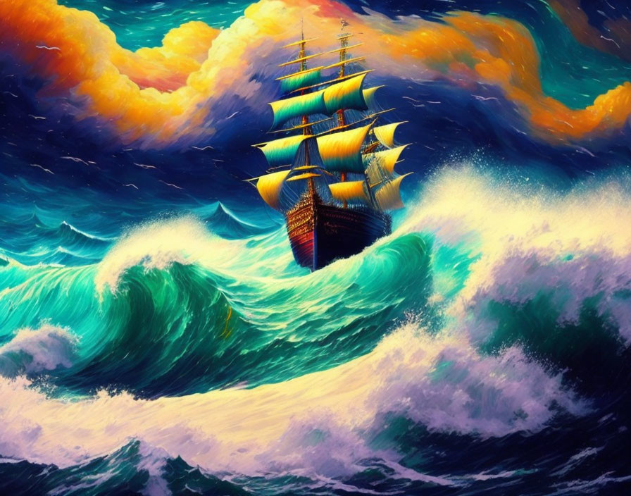 Colorful Painting of Sailing Ship on Wave with Dramatic Sky