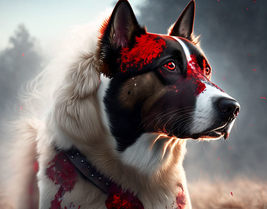 Fierce dog with red markings in altered image