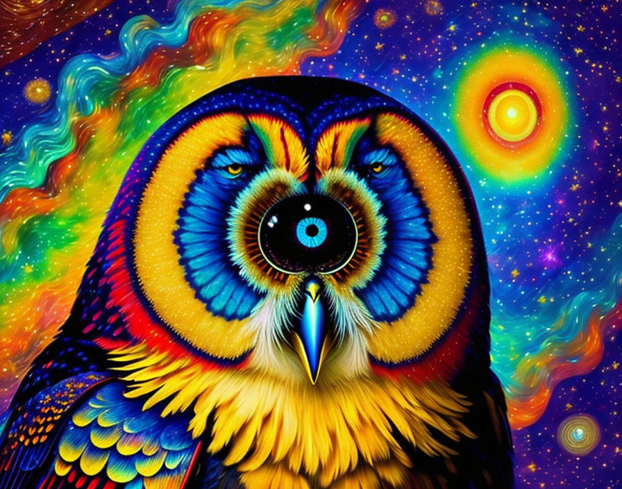 Colorful Psychedelic Owl Artwork with Cosmic Background