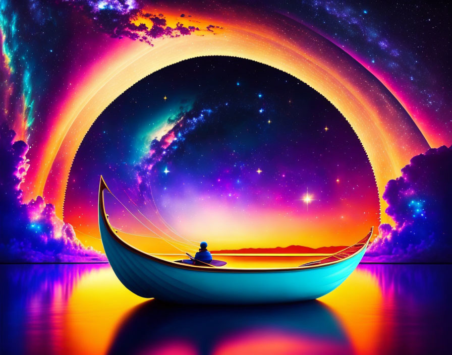 Fishing in Boat Under Vibrant Cosmic Archway