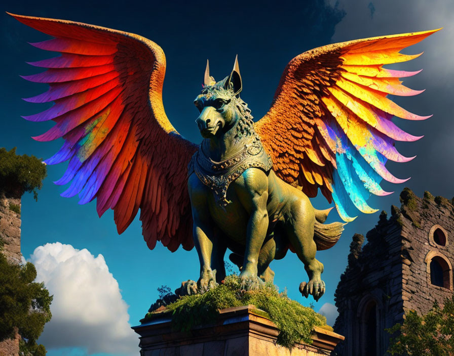 Colorful Winged Horse Statue Amid Ancient Ruins and Blue Sky