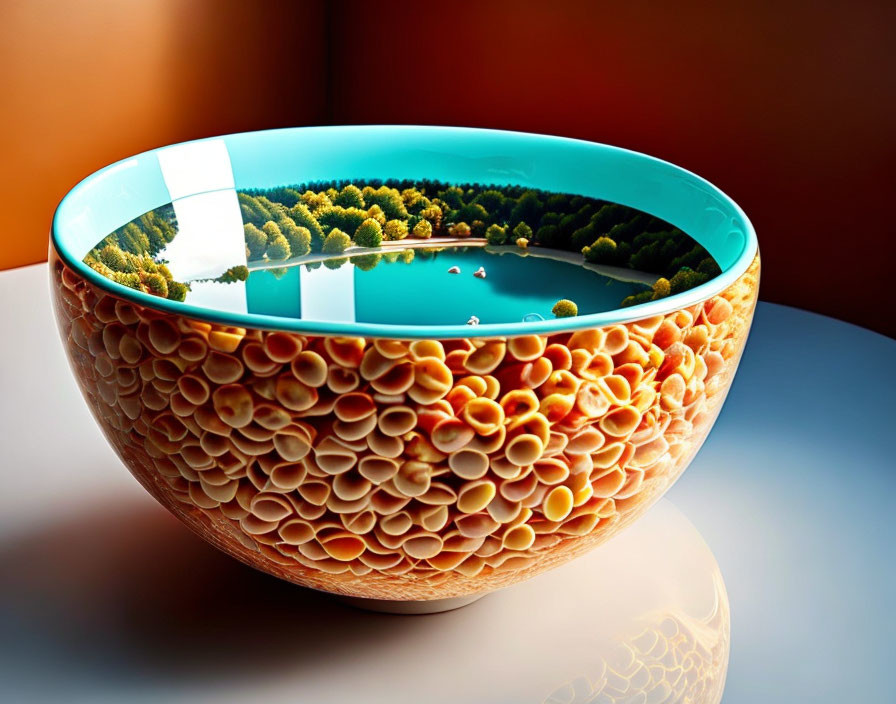 Reflective bowl with autumn forest and lake reflection on glossy interior