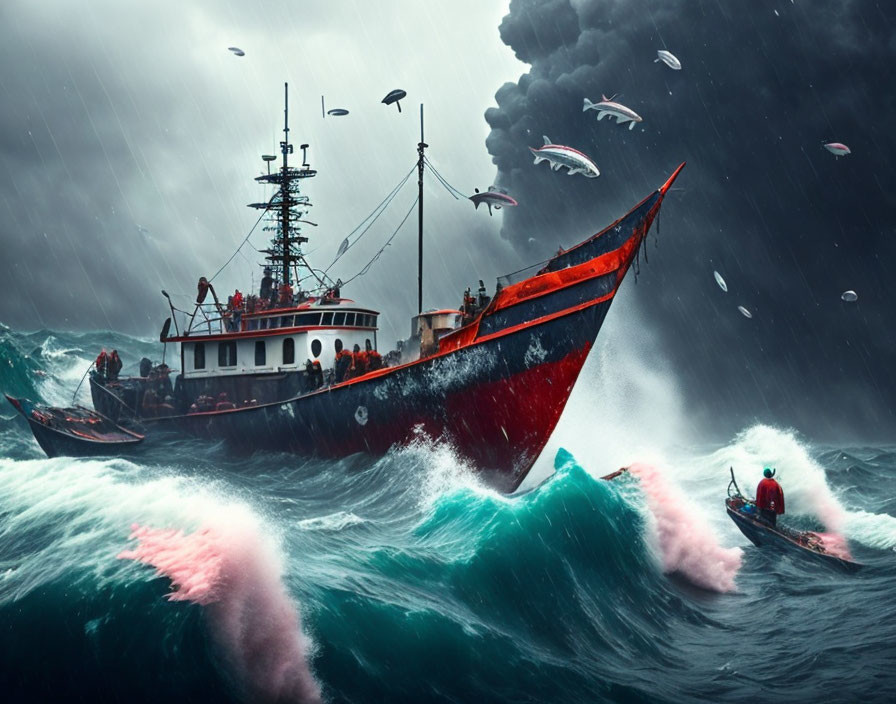 Boat navigating stormy seas with fish and smaller craft.