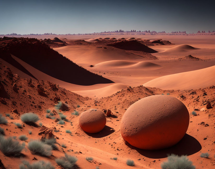 Landscape of vast desert with smooth sand dunes, reddish boulders, and green grass