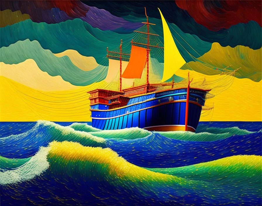 Colorful painting of a blue and red ship on wavy seas under a multicolored sky