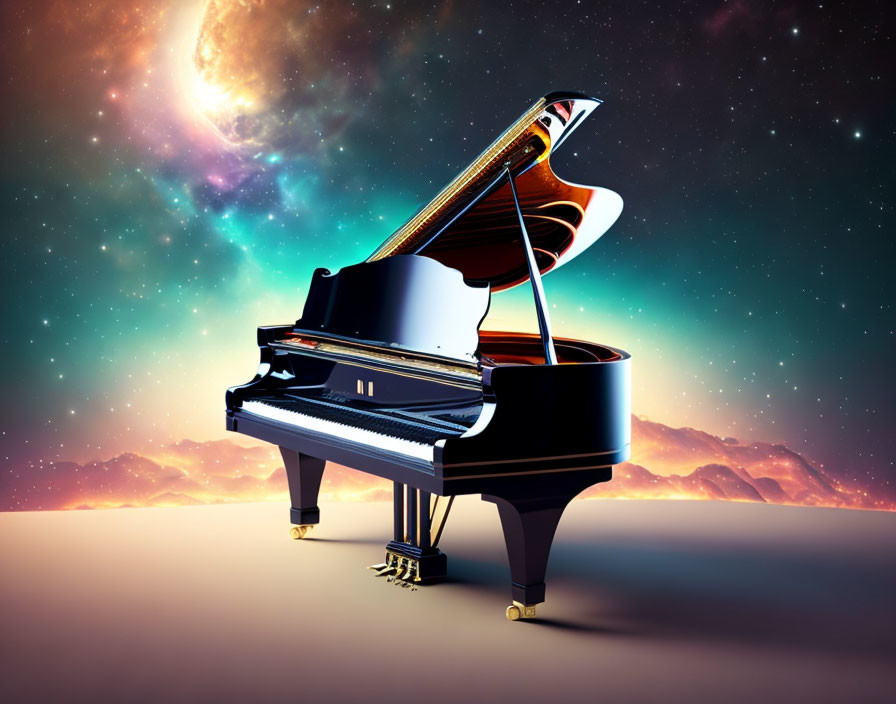 Grand Piano Against Cosmic Backdrop with Nebulae and Desert Landscape