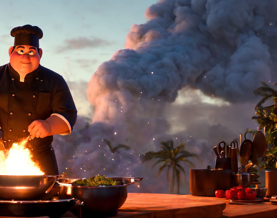 Animated chef cooking with smile near erupting volcano & kitchenware on counter