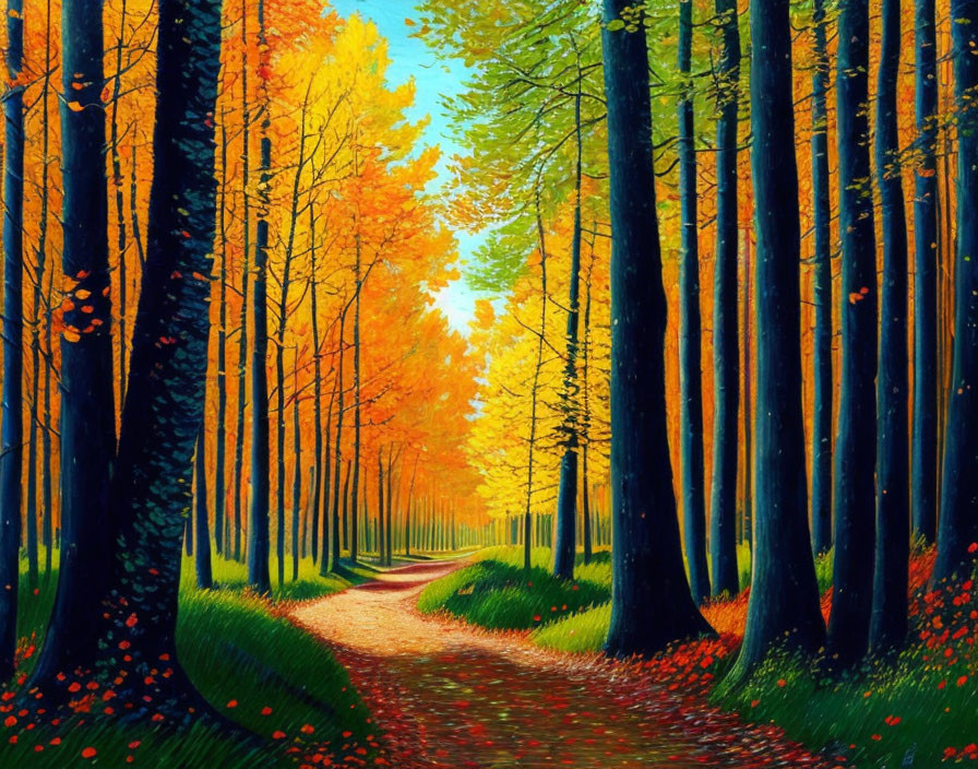 Vibrant autumn forest with tall trees and winding path