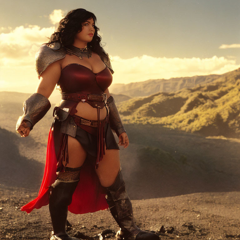 Fantasy warrior in red cape and armor with sword in scenic landscape