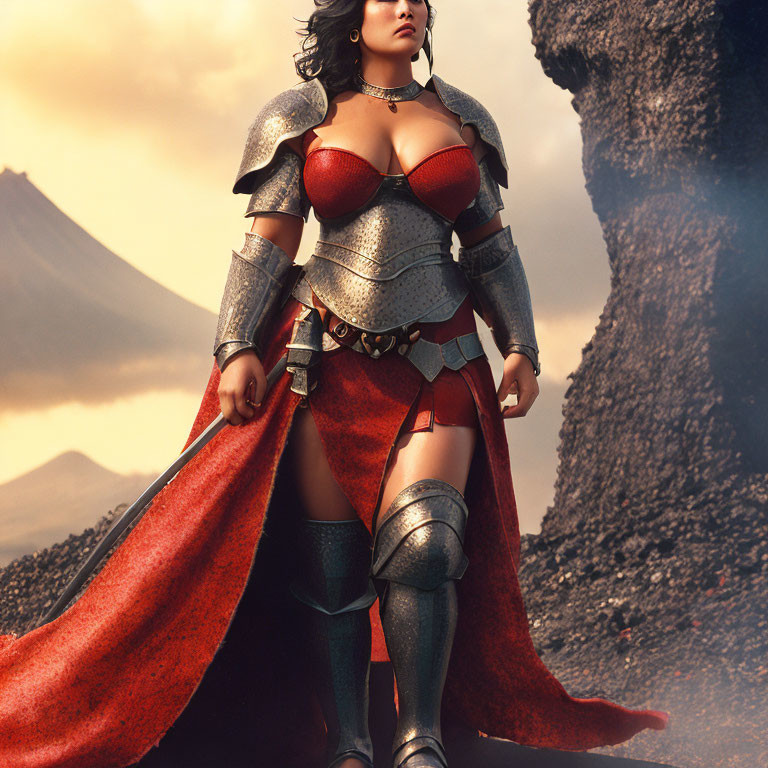 Animated female warrior in red and silver armor with cape on volcanic landscape