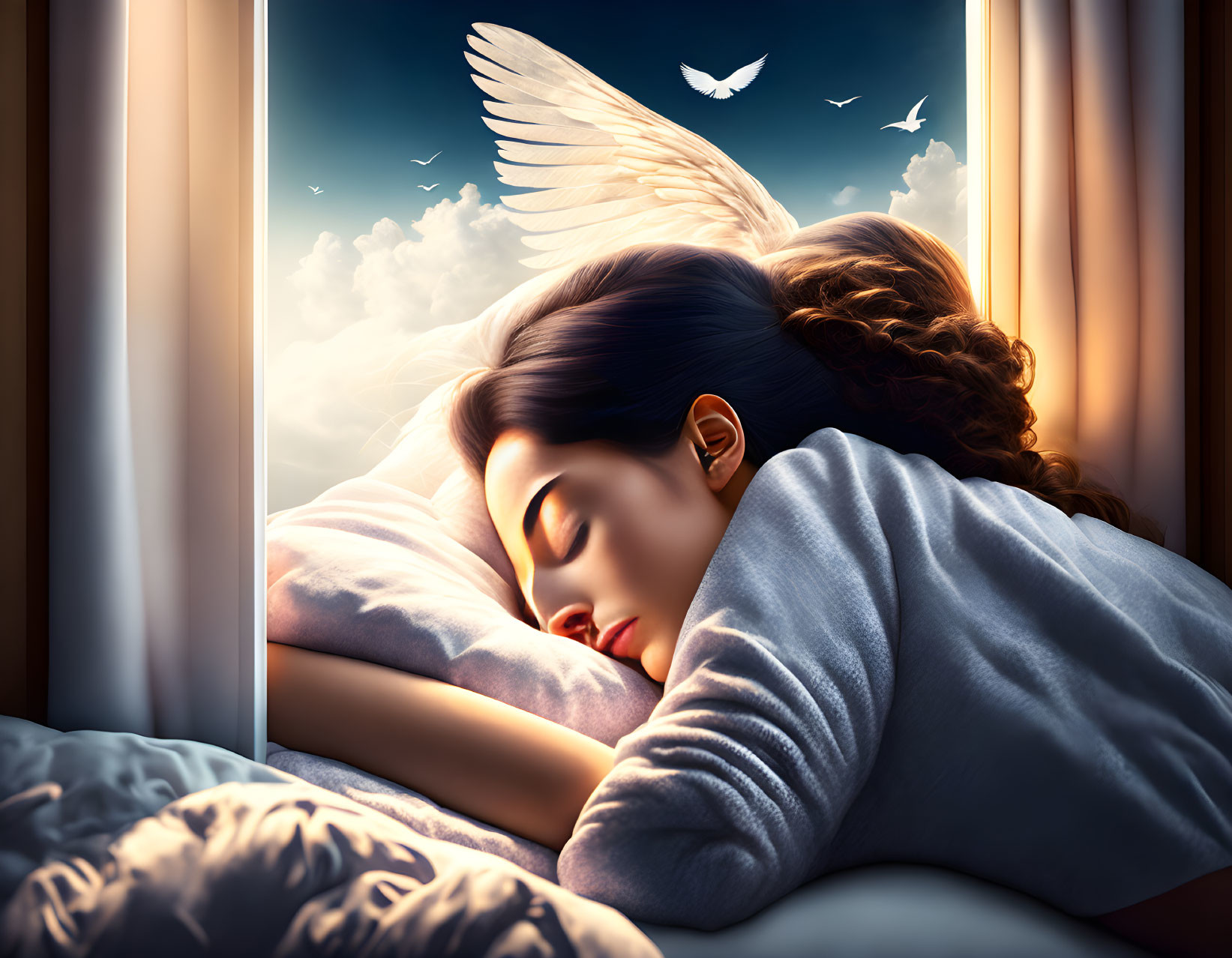 Woman peacefully sleeping by window with serene sky view and flying doves