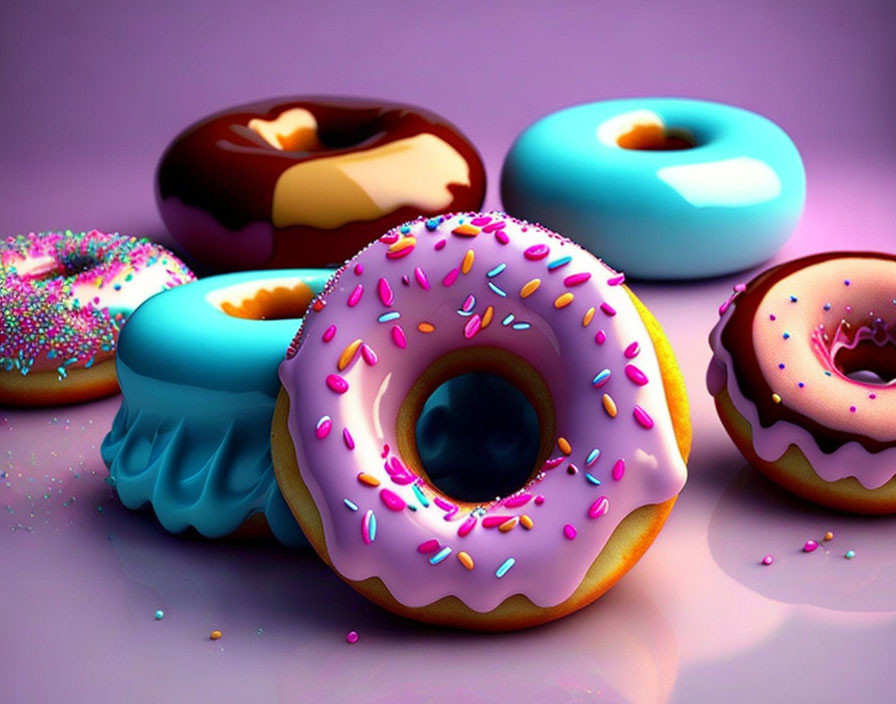 Colorful Donuts with Glossy Icing and Sprinkles on Purple Background