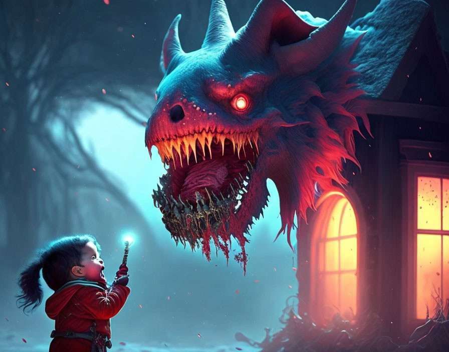 Child in red coat faces menacing blue creature in mystical setting