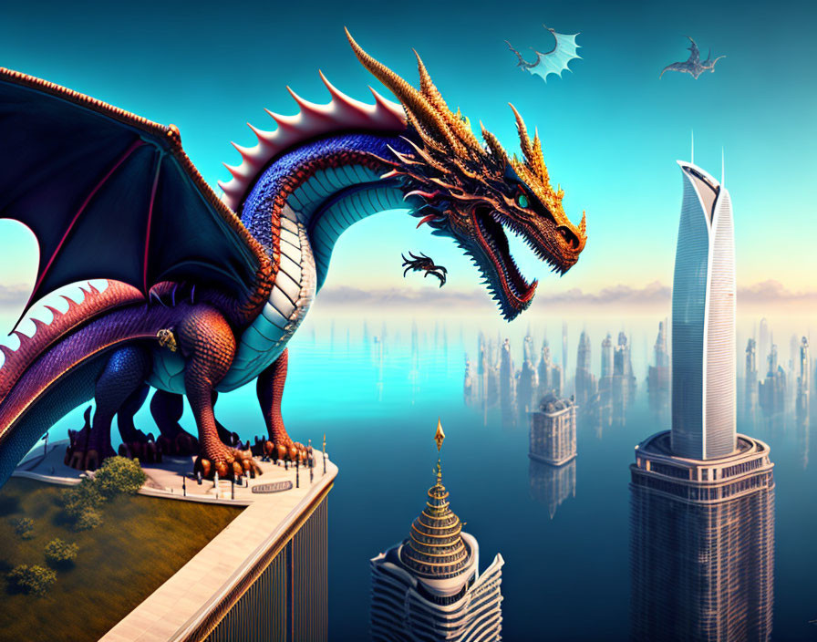 Majestic dragon on skyscraper in futuristic cityscape