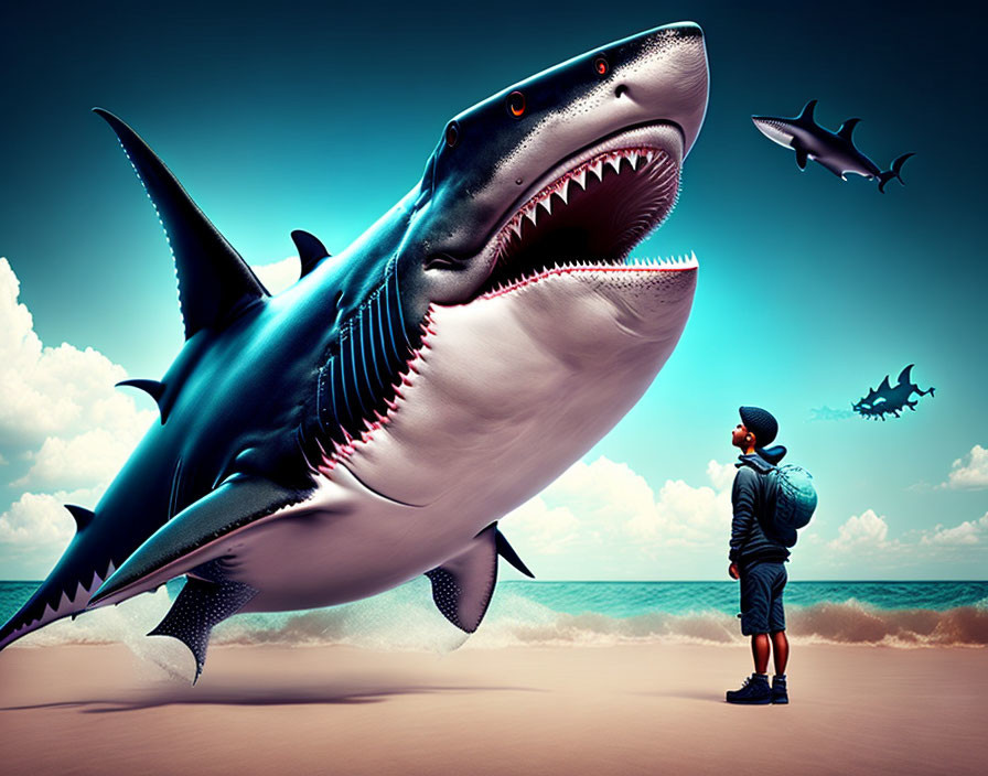 Person on Beach with Enormous Leaping Shark & Flying Sharks