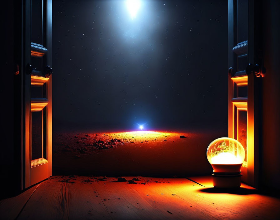 Night-time rocky landscape through open doorway with celestial body and glowing orb on wooden floor