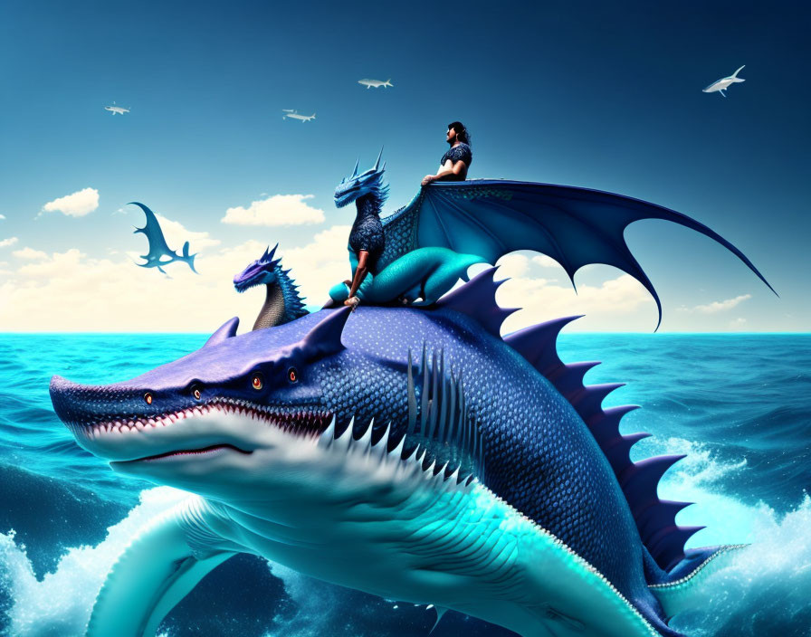 Person riding blue dragon over ocean with other dragons and birds.