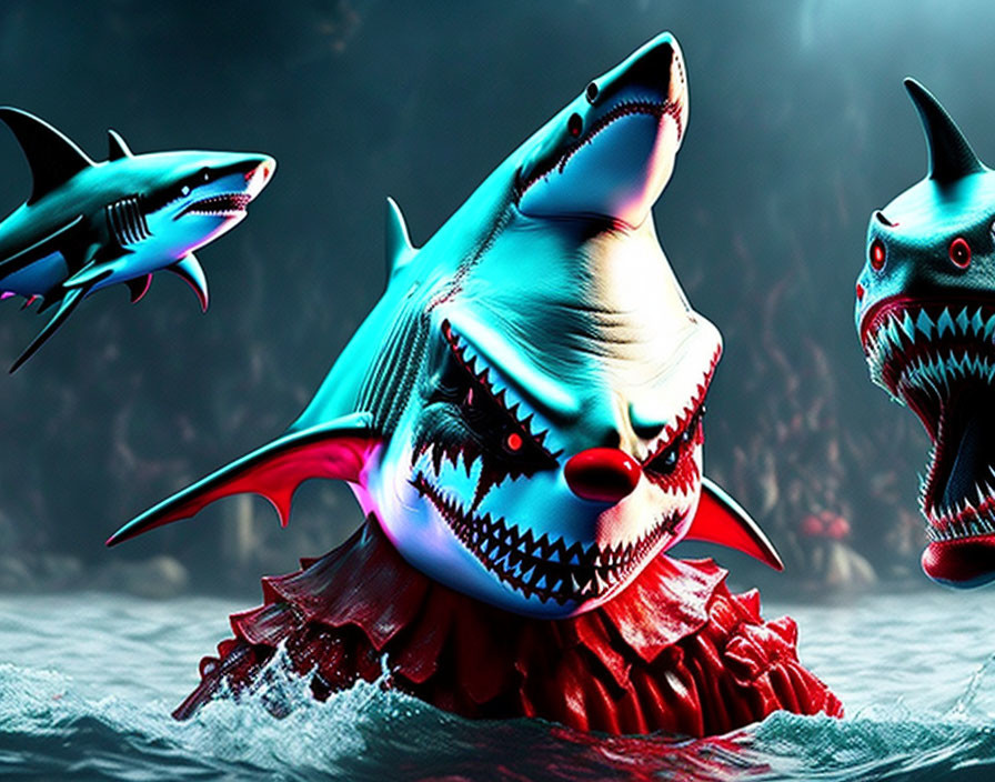 Cartoonish menacing sharks with sharp teeth in dark water