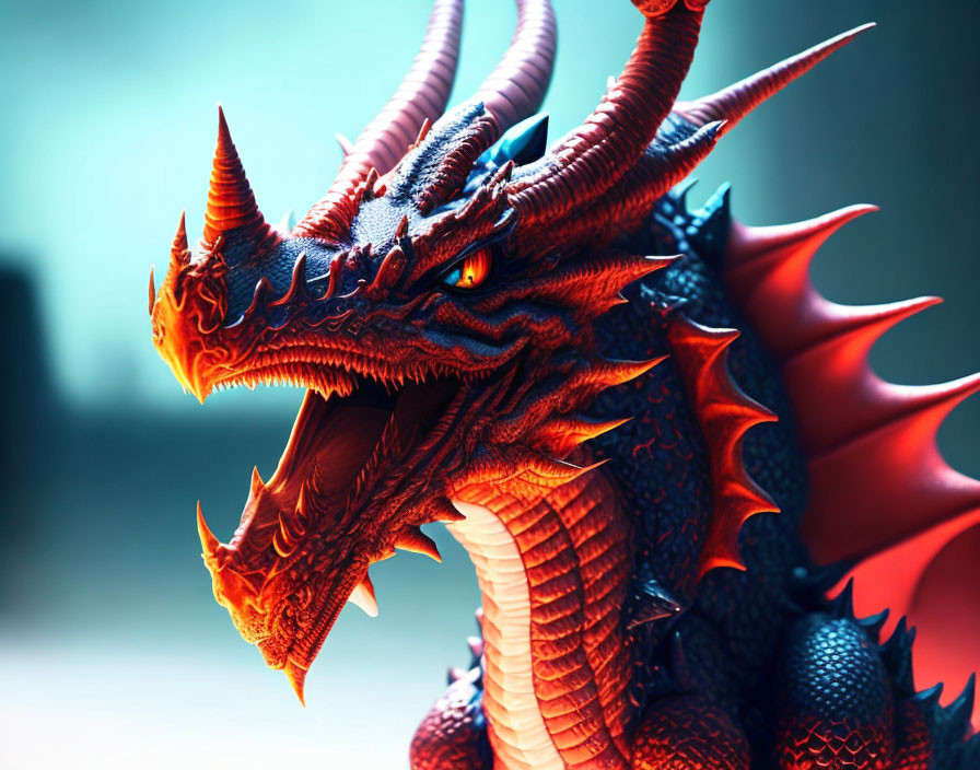 Colorful Red and Orange Dragon with Glowing Eyes and Sharp Horns on Teal Background