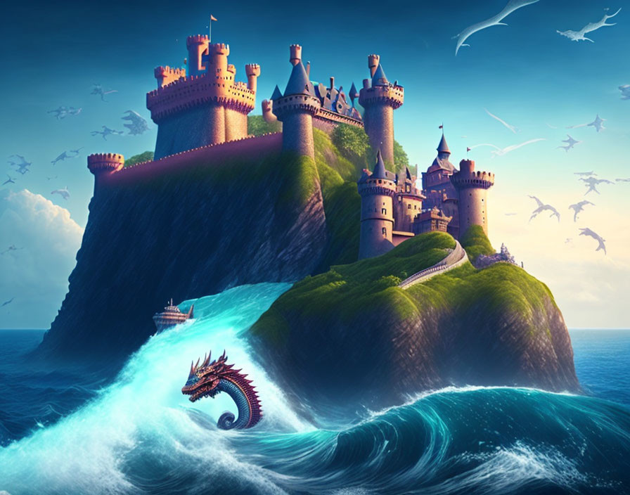 Castle on green cliff with emerging dragon and flying seagulls