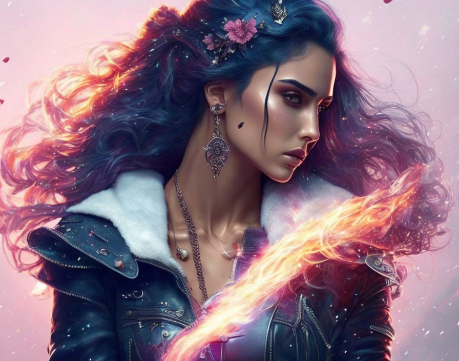 Digital artwork featuring woman with vibrant purple hair and fiery hand glow, floral headdress, and leather jacket