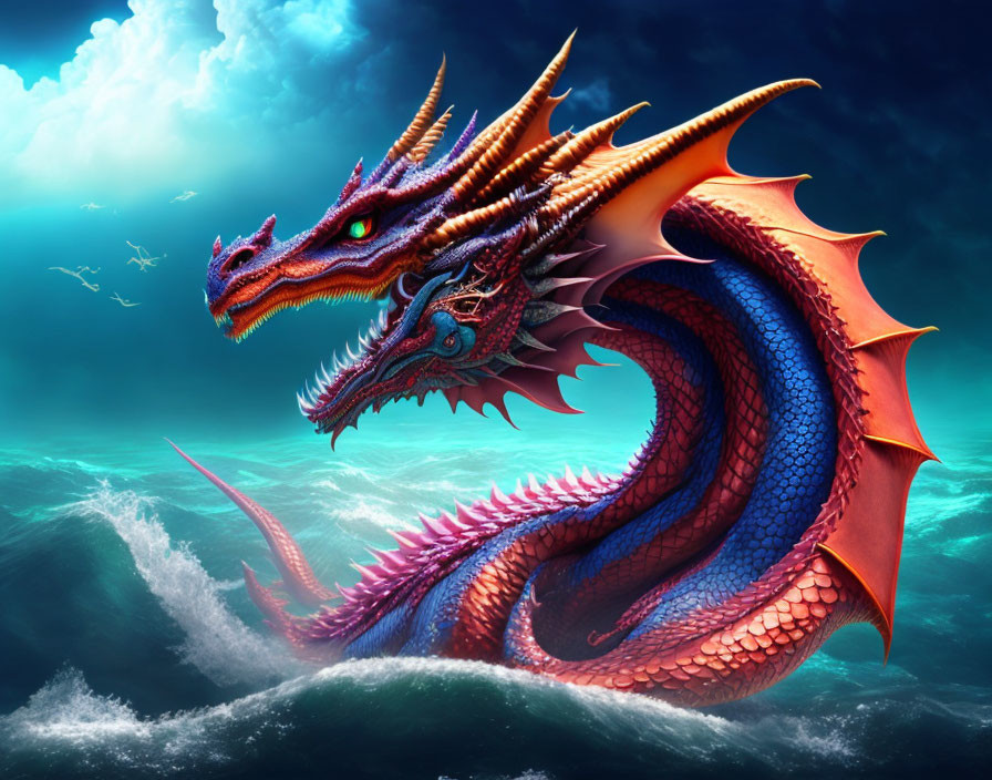 Colorful Dragon Emerges from Ocean with Intense Glare