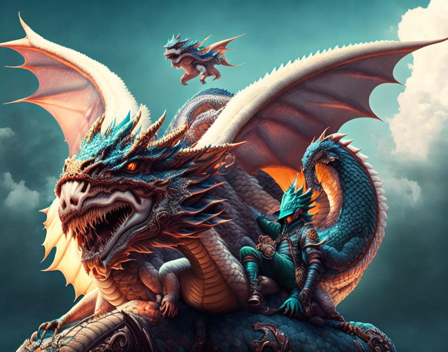 Majestic blue dragon art with smaller dragons in moody sky