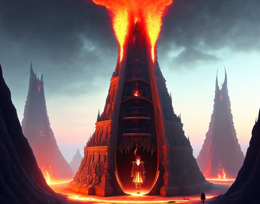 Fantasy landscape with volcanic structure, figure in doorway, and dark spires