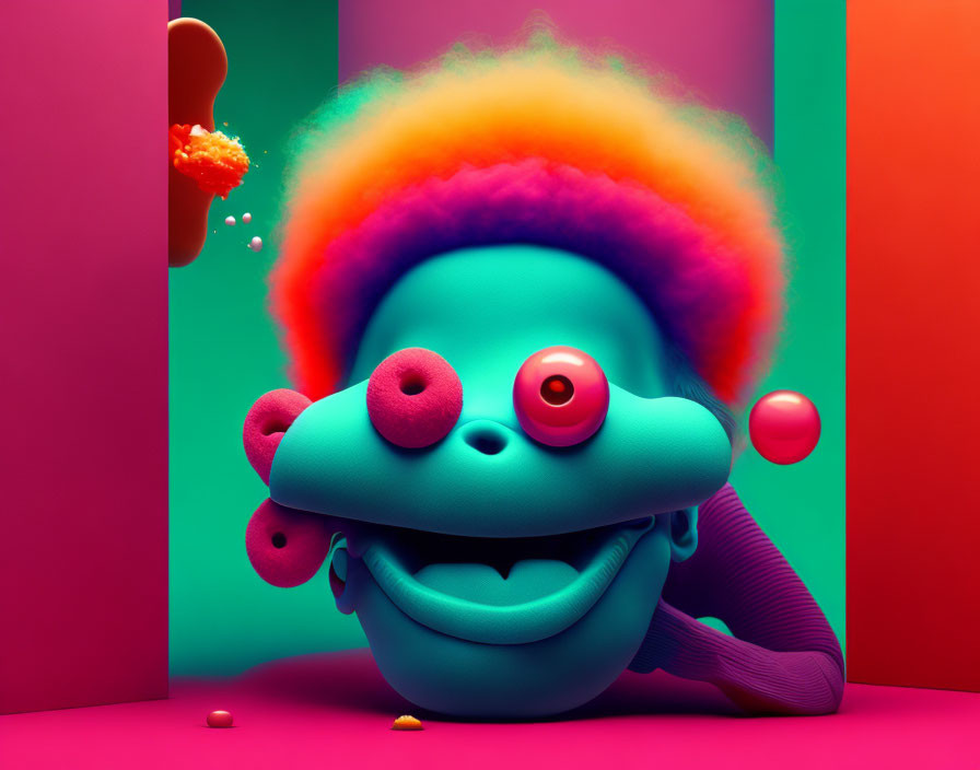 Vibrant 3D illustration of whimsical character with rainbow hair