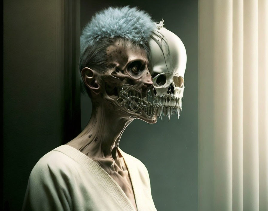 Person with Half Human, Half Skeleton Face, Blue Hair, Contemplative Gaze by Window