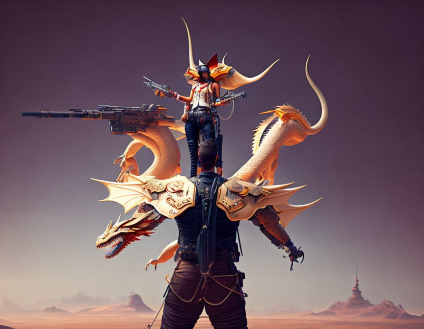 Futuristic person on dragon with sniper rifle in desert landscape