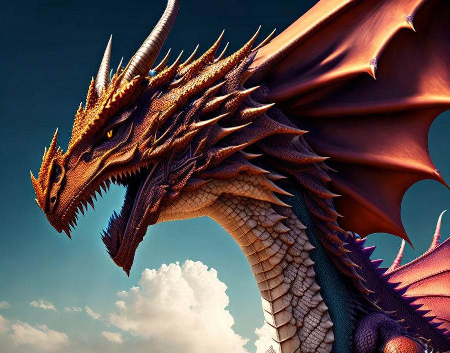 Orange-Scaled Dragon with Outstretched Wings in Clear Blue Sky