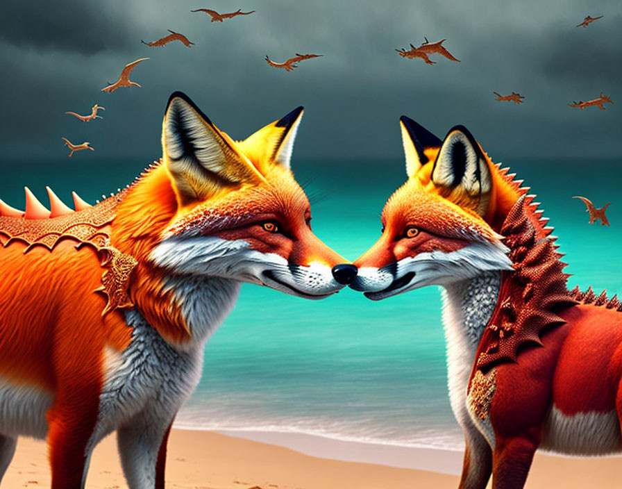 Fantastical foxes with dragon-like spines on surreal beach.