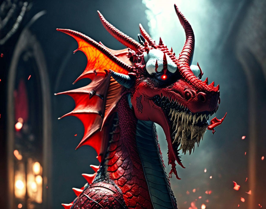 Red Dragon with Horns and Blue Eyes in Dimly Lit Gothic Setting