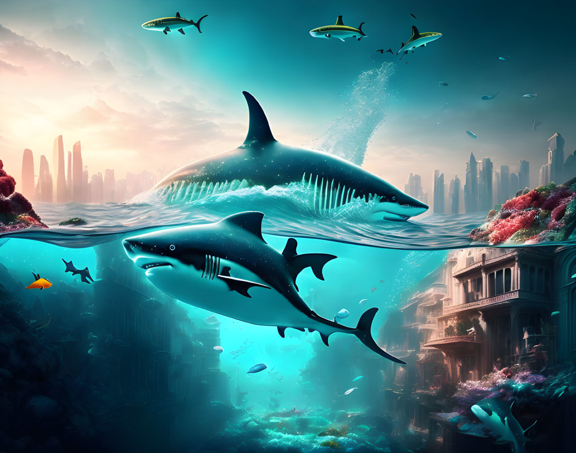 Surreal underwater cityscape with sharks and ruins in split ocean-sky view